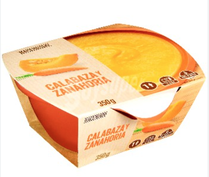 Salteado de verduras con huevos cocidos y crema de calabaza en conserva.